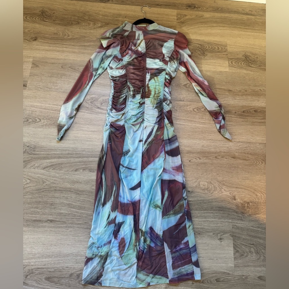 Long sleeve aqua blue multicolor midi dress